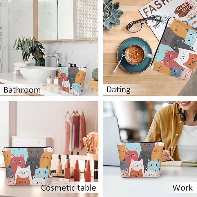 Women Cosmetic Bag Cat Cute, Colorful Cats Funny Kitten Cute Makeup Bag For Purse Cosmetic Travel Bag For Toiletries Makeup Storage Bag Flax Skincare Bag Make Up Pouch Bags