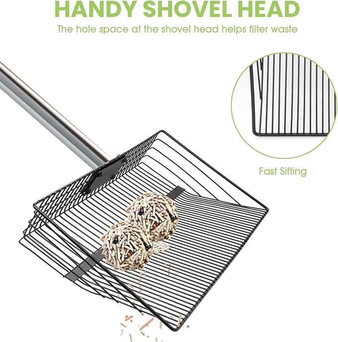 4-in-1 Chicken Poop Scooper & Rake, 15" Large Metal Sifting Shovel Poop Scooper for Sand, Adjustable Stainless Steel Handle 22"-65" for Coop Cleaning,Farms,Courtyards,Poultry Houses