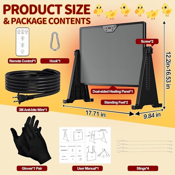 300W Chicken Coop Heater, Double Sided Heating with Adjustable Temperature Remote Control & Timer Function, Hanging Chicken Coop Heater for Winter Warmth, Includes Gloves and Chew-Proof Cord