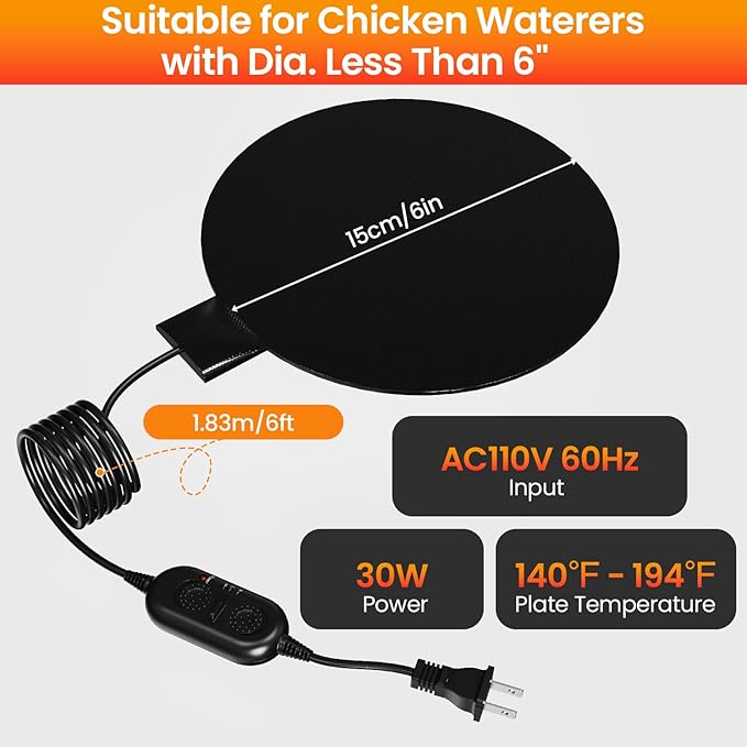 Chicken Water Heater for Winter, 6'' Heated Waterer Base for Metal/Plastic Poultry Waterer, 2-Temperature Settings, Built-in Thermostat (140°F - 194°F), Silicone Coop Heater with 6ft Power Cord (2PCs)
