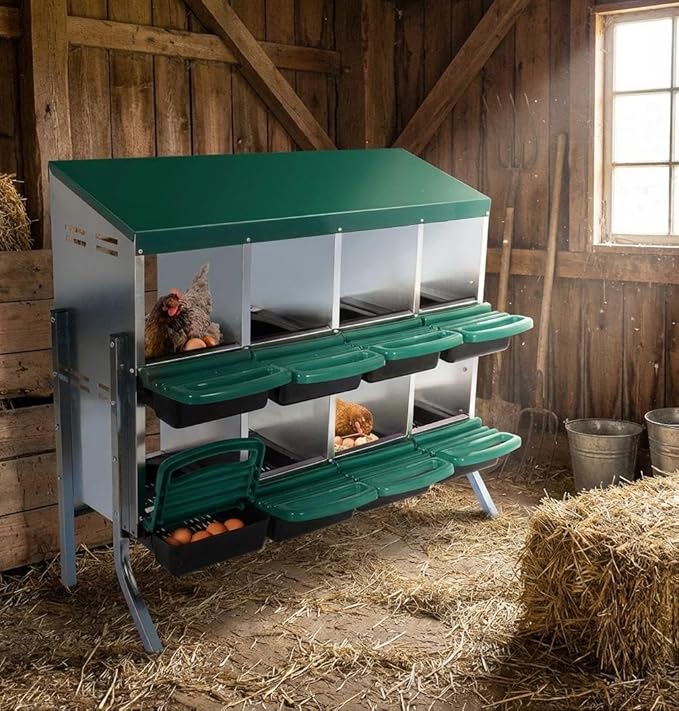 Chicken Nesting Box, 8 Compartments Roll Away Eggs Laying Boxes, Cleanable Pull Out Hen Roosting Boxes with Mental Leg, Durable & Easy to Install, Green