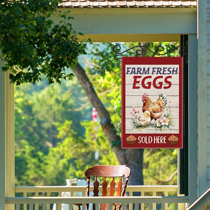 Farm Fresh Eggs Slod Here Garden Flag, Double Sided Farmhouse Chicken Coop Outdoor Decor Yard Flag Gifts, Welcome to the Farm Flags for Chickens Lover, Funny Chicken Sign Business Supplies