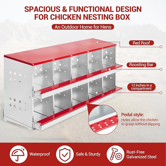 Heavy Duty Metal Chicken Nesting Box – 10 Compartments, Roll-Out Egg Collection, Pull-Out Tray, Swing Perch, Wall Mount, Easy Clean, for Hens, Chickens & Ducks, Indoor/Outdoor, with Cover-Red,