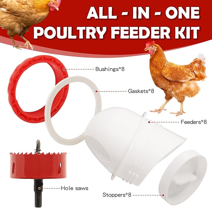 Chicken Feeders No Waste, DIY Automatic Poultry Feeder 8 Ports 1 Hole Saw with Covers Gravity Feed Kit for Buckets Barrels Bins Troughs（Red and White）