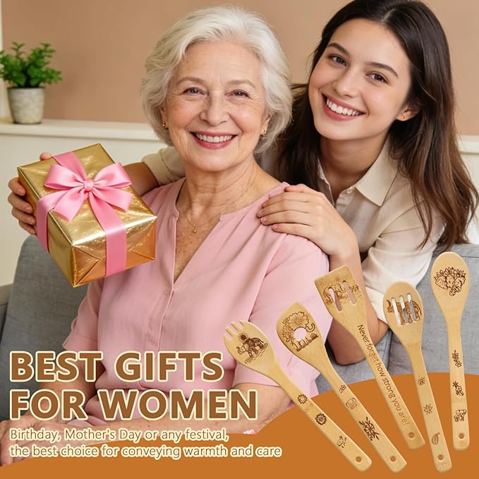 Elephant Gifts for Women 5 PCS Cartoon Wooden Spoons for Cooking Elephant Decor Cute Bamboo Spatula for Elephant Kitchen Accessories Engraved Spoon Kitchen Stuff for Women Mothers Day Gifts