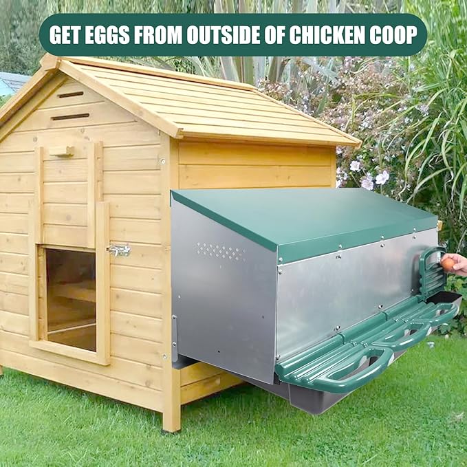 Chicken Nesting Box, 4 Holes Nesting Boxes, Heavy Duty Metal Laying Boxes, Roll Away Nesting Box Egg Collection Tray, with Roosting Pole for Chicken Coop(Green)