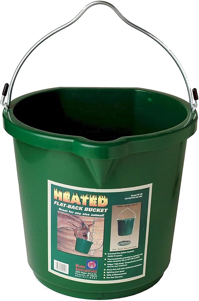 Farm Innovators 3 Pack Heated Water Bucket, 120W Heating Power - Flat Back 5 Gallon Plastic Bucket with Cord Storage for Livestock Watering & Feeding