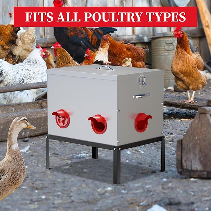 Automatic Chicken Feeder,50LBS 6 Port Large Chicken Feeder with Raise The Base Frame,Waterproof Galvanized Steel Poultry Feeder with Locking Lid for Chicken Coop