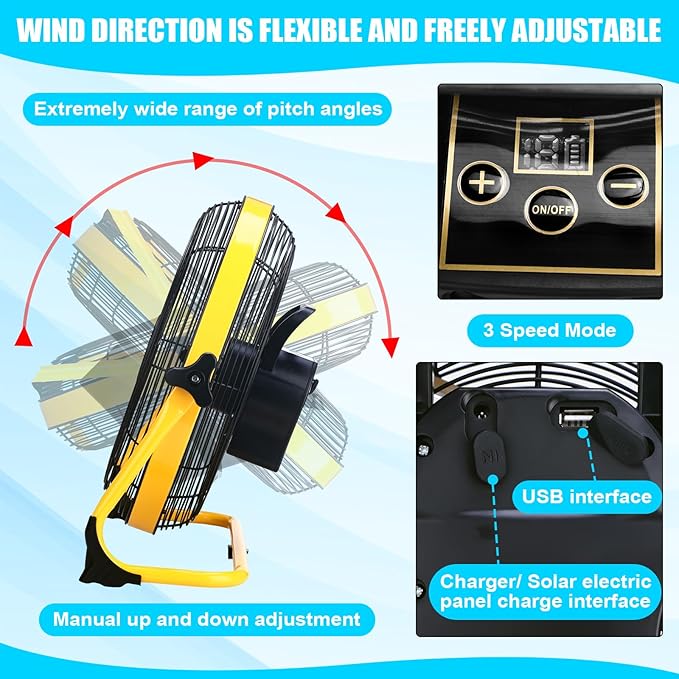 Sumind 14 Inch Solar Powered Fan 15000mah 20w Portable Ventilador Rechargeable Camping Fan Battery Powered with Panel and Light for Outside, Home, Travel, Chicken Coop, Shed, Greenhouse