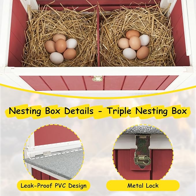 Wooden Chicken Coop with Wheels – Large Movable Outdoor Hen House with Waterproof Clear Sunlight Panel Roof, Nesting Box & Easy-Clean Tray – Spacious Backyard Poultry Tractor Red