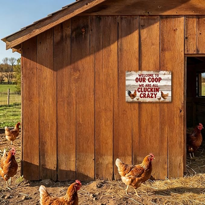 Funny Chicken Metal Sign Outdoor, Aluminum Farmhouse Wall Decor for Coop Door or Yard Area, Fluffy Humor Country Living Style, Rustic 8x12 Inch Gift