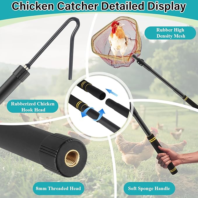 Chicken Catcher Net,37 to 64in Chicken Catcher Leg Hook Extra Long Handle Animal Catcher Pole Heavy Duty with Frosted Tube Extension Pole Poultry Hook Fowl Catcher (Black Tube)