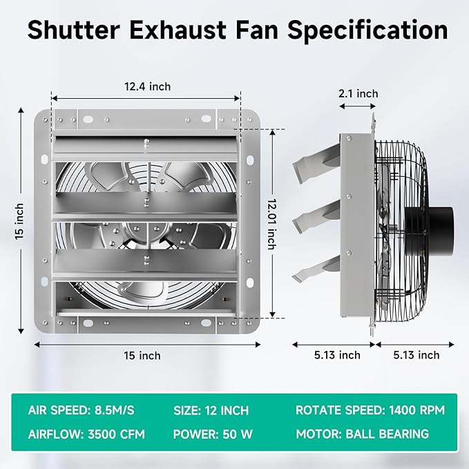 12 Inch Shutter Exhaust Fan，Automatic Shutter with ON/OFF Switch, 1430 CFM High-Speed Vent Fan, 1400 RPM Wall Mounted Attic Fan for Shed, Garage, Greenhouse Ventilation