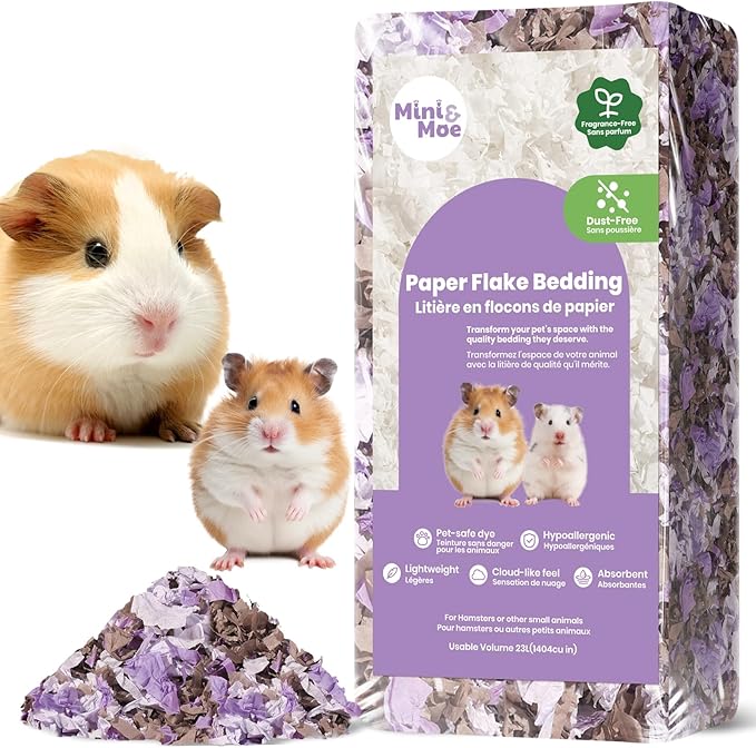mini&moe Hamster Bedding: Dust-Free and Odor Control Moisture Absorbent Natural Paper Small Pet Bedding - for Guinea Pigs, Hamsters, and Rabbits, 12 Liters