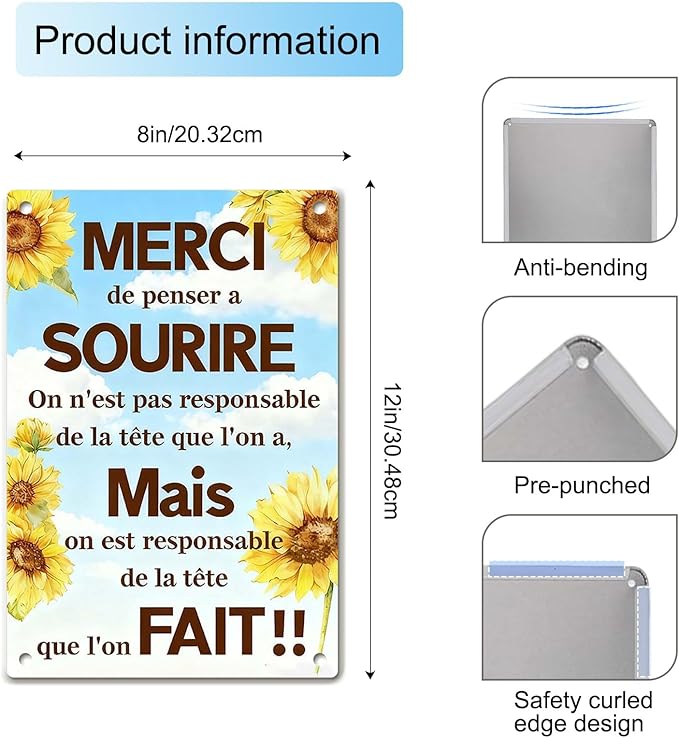 Motivational Wall Decor Metal Tin Signs – Inspirational Wall Art with French Quote, Rustic Farmhouse Wall Decor for Kitchen, Bathroom, or Bedroom, Motivational Sunflower Tin Sign for Home or Rustic Decor, 8x12 Inch