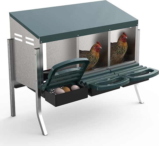 Chicken Nesting Boxes, 3 Hole Metal Rollaway Nest Box for Laying Hens with Cleanable Pull-Out Trays Wall Mount or Placed Design for Easy Egg Collection & Cleaning(Includes Legs)