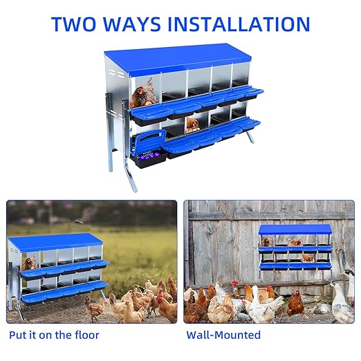 Chicken Nesting Boxes, 10 Hole Metal Chicken Laying Box with with Removable Trays and Roll Out Egg Collection for Chicken Coop, with Metal Bracket, Blue