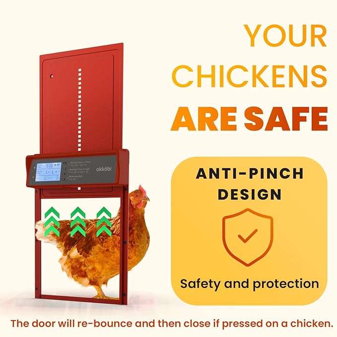 Okkobi Automatic Chicken Coop Door Solar Powered - LCD Display - Chicken Coop Door with Remote Control, Light Sensor & Timer - Security & Peace of Mind: Anti-Pinch Function - 5-Year Protection - Red