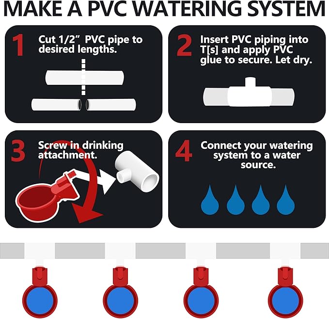 Chicken Waterer 4 Pack,Automatic Chicken Water Cup and 1/2" PVC Tee Fittings,Large Auto-Fill Chicken Waterer Cups,DIY Chicken Water Feeder, Coop Water Dispenser,Poultry Waterer Feeder Kit