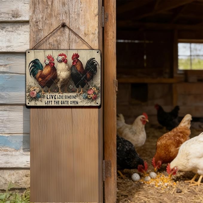 Funny Farmhourse Chicken Coop Metal Tin Signs Vintage Chicken Decor Sign Live Like Someone Left The Gate Open Poster for Home Kitchen Garden Restaurant Rooster Outdoor Wall Art Decor 16x12 Inch