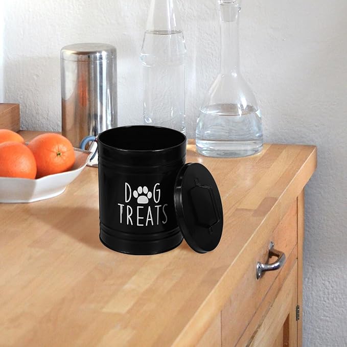 Dog Food Storage Container with Airtight Metal Lid, Rustic Pet Treat Holder Bin for Kitchen Counter, Black Sealed Grain Canister for Puppy Food