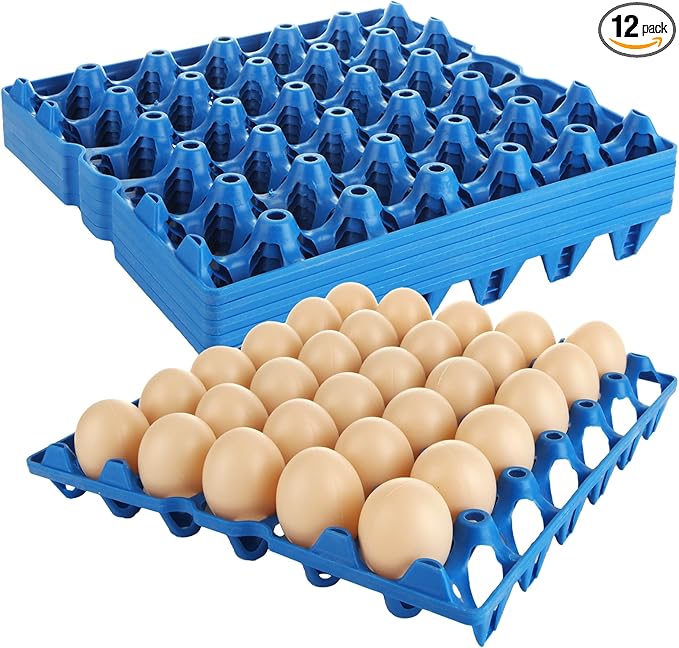 12PCS Plastic Egg Trays Egg Crates, Stackable Eggs Cartons Egg Flats, Each Holds 30 Eggs for Packing, Storage, Shipping (Blue)