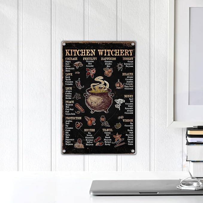 Kitchen Witchery Herbs Meaning Chart Metal Sign Witchcraft Cauldron Illustration Home Witch Decor Spiritual Rustic Wall Decoration 8 x 12 Inch Outdoor Indoor Aluminum
