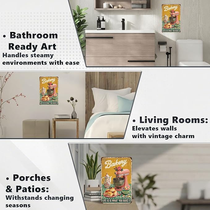 Retro Baking Metal Plaque Life Is What You Bake It Sign Farmhouse Wall Decor Aluminum Tin Sign Bread Pastry Art Kitchen Diner 8x12Inch