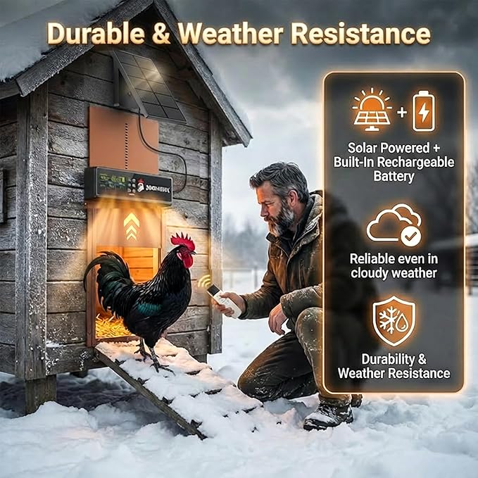 Automatic Chicken Coop Door Solar Powered with HD Screen, Timer & Light Sensor, 5 Modes, Aluminum Alloy, Remote Control Up to 70M