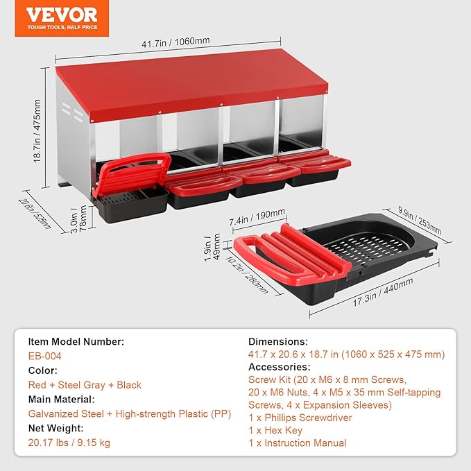 VEVOR Chicken Nest Box, 4-Compartment, 15 to 30 in Stable & Corrosion-Resistant Metal Nesting Boxes with Inclined Nesting Boxes, Bottom Holes & Resting Platform, Fit for Different Chicken Breeds