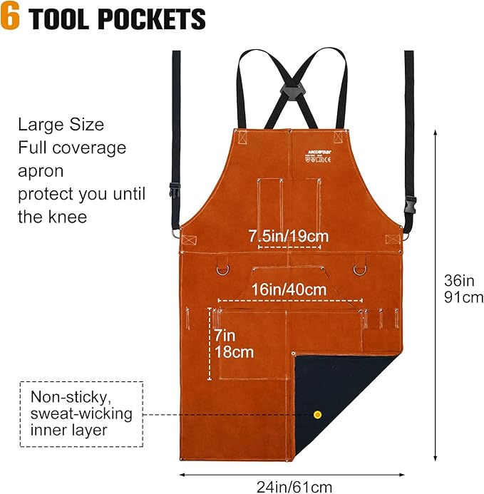 ARCCAPTAIN Leather Welding Work Apron 24" X 36" Heat Flame Resistant Cowhide Blacksmith Aprons with 6 Tool Pockets for Welders Men Women, Adjustable M to XXXL-Brown
