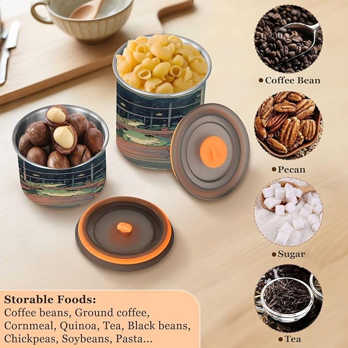 Coffee Canister Night Frog Farmhouse Airtight Stainless Steel Coffee Container, 30 OZ Food Storage Container for Coffee Beans, Ground, Sugar, Tea, Flour, Rice