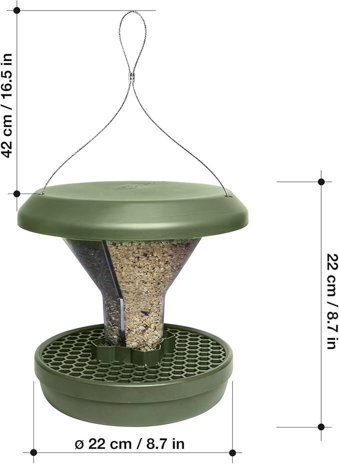 SWISSINNO Bird Feeders - No Mess Hanging Bird Feeder for Outdoors - Smart Birds Davos Spill Proof Wild Cardinal & Small Bird Feeder with Integrated Seed Catcher Tray - Dual Chamber - Green