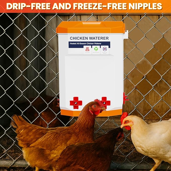 Nexum Heated Chicken Waterer - 3 Gallon Winter-Proof Poultry Drinker with Nipples and Stand, Auto Thermostat for Chickens, Ducks & Quail - Freeze-Resistant, Easy Fill (Orange, 3 Gallon)