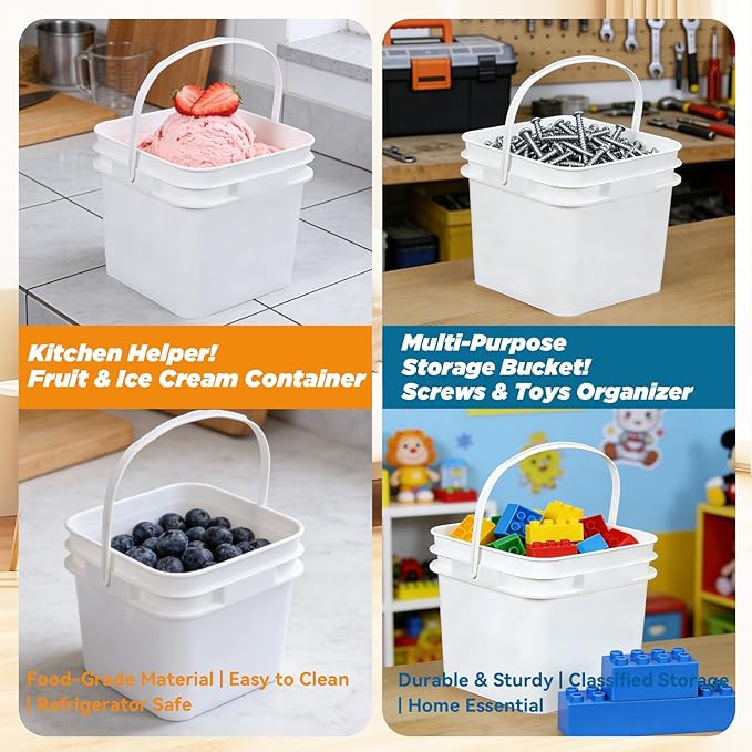 Bucket with Lid - 4 Packs Square Clear Plastic Storage Containers, Food Safe with Handle, Airtight Pressure Lids for Kitchen & Home (White, 34 oz)