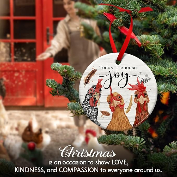 Chicken Christmas Hanging Ornaments, Rooster Gifts for Farmer, Girl, Women & Chicken Lovers, Farmhouse Christmas Decorations - 'Today I Choose Joy' Gift to Decor Chicken Coop