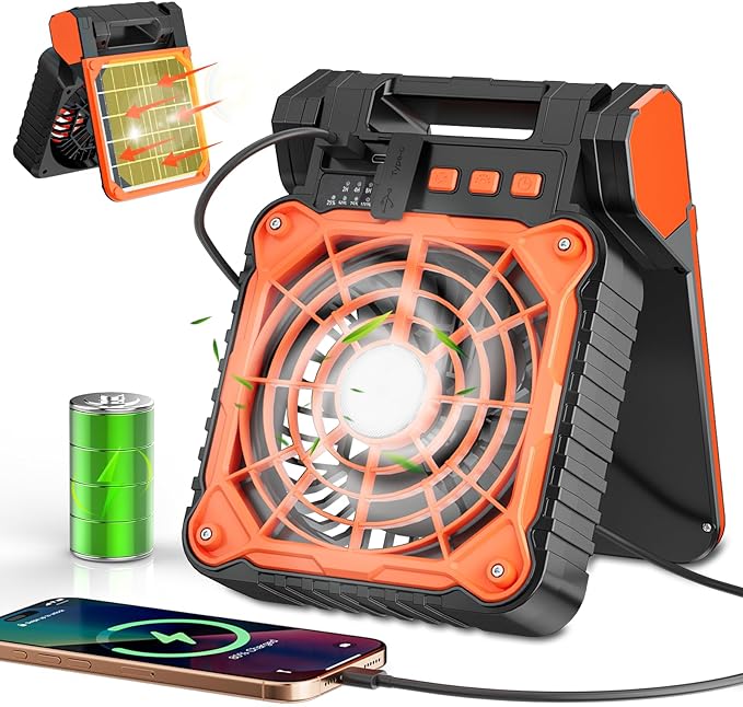 Solar Camping Fan 10400mAh, Solar Powered Fan with LED Lantern, 7W Rechargeable Battery Operated Fans for Outside, 4 Speeds, 2-8H Timer and Quiet Battery Powered Solar Tent Fans for Outdoor, Barbecue