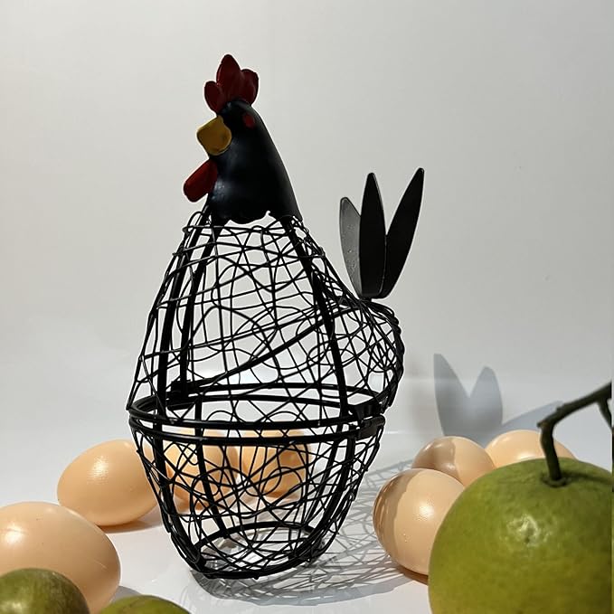 Chicken Wire Egg Basket Egg Holder Farmhouse Rustic Vintage Rooster Decor Chicken Shaped Egg Basket Fruit Storage Wire Basket For Collecting And Countertop Storing Egg (Black)