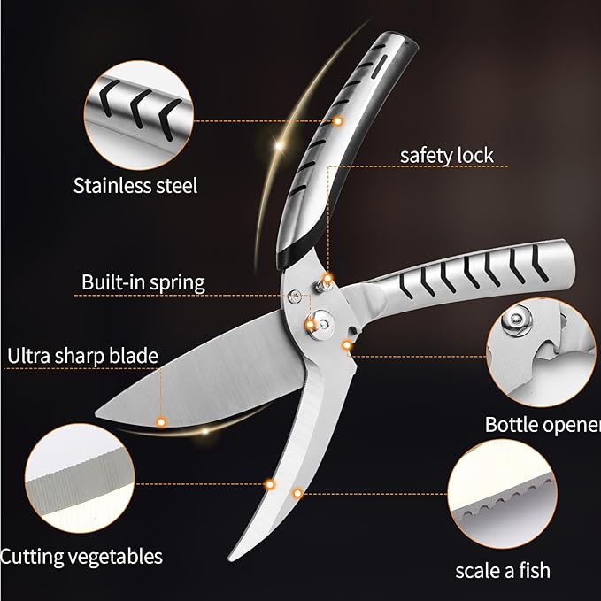 Heavy Duty Poultry Shears，Kitchen scissors heavy duty with Serrated Edge,Chicken shears,Meat scissors heavy duty ，For Cutting Bone, Turkey, Fish ，Seafood，Dishwasher Safe，silver