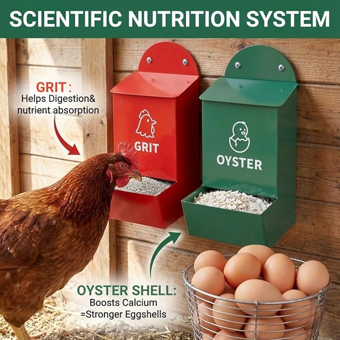 2 Pack No Waste Chicken Grit & Oyster Shell Feeder, Metal Gravity Poultry Dispenser with Rainproof Lids & Drain Holes, Wall Mounted Dual Compartment Mineral Holder, Rustproof