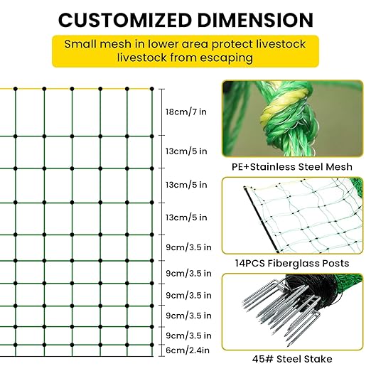 Electric Fence Netting, 42.6" H x 164'L Electric Anti-Predator Poultry Fence, PE Net Fencing Kit with 14 Posts Double Spiked, Movable Livestock Nets for Sheep, Hogs, Cattle