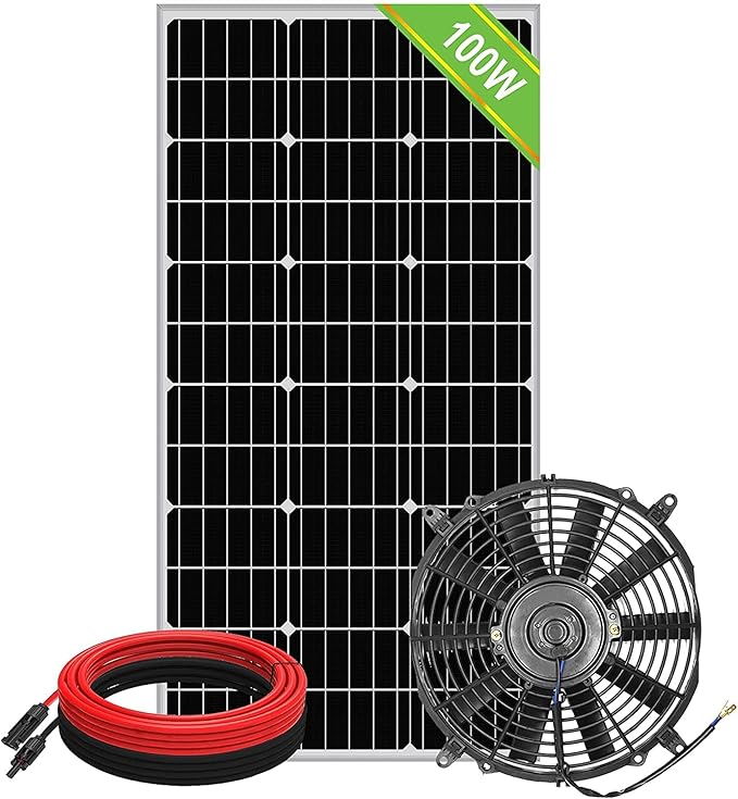 ECO-WORTHY Solar Powered Fan+100W Solar Panel with Pair of 16ft Solar Cable for Chicken Coops, Attic, Greenhouse - DELIVERY in 2 PARCELS