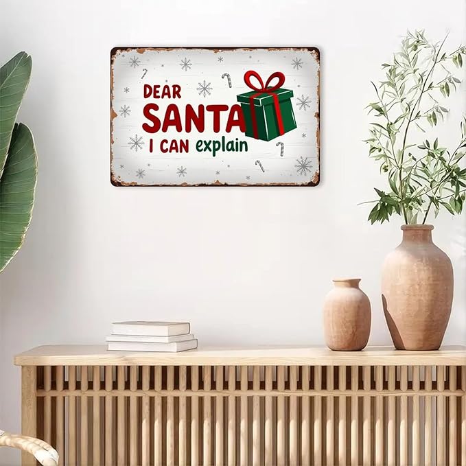 Dear Santa I Can Explain Tin Sign Vintage Christmas Santa Claus Metal Sign Print Aesthetic for Garden Yard Bar Porch Home Bedroom Kitchen Wall Decor Gift 8 X 12 in