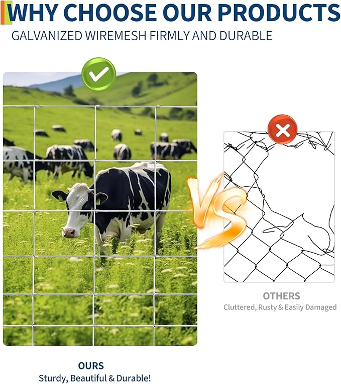 Farm Fence, 4FT x 164FT x 0.39IN White Welded Wire Fence Roll - Zinc Galvanized No-Climb Animal & Poultry Netting for Horses, Sheep, Chickens - Heavy Duty Yard Protection & Garden Grid Fencing