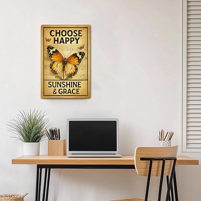 Motivational Wall Decor Metal Sign – Inspirational Butterfly Wall Art, Vintage Tin Sign with “Choose Happy” Quote – Rustic Farmhouse Butterfly Wall Decor for Bedroom, Living Room, or Country Home