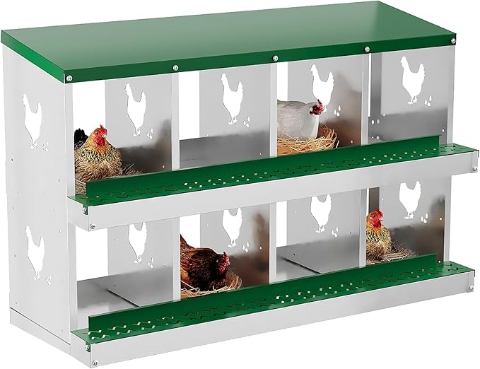 Heavy Duty Galvanized Metal Chicken Nesting Box - Rustproof Egg Laying Box for Hens with Slanted Roof, Rollout Design - Wall Mount or Freestanding Poultry Nest for Chicken Coop (8-Hole)