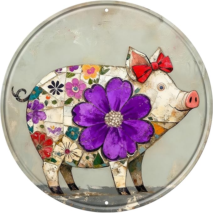 Pig Round Metal Tin Sign Wreath Farm Flowers Rustic Vintage Wall Art Decor for Porch Yard Farmhouse Outdoor Decor 12x12inch
