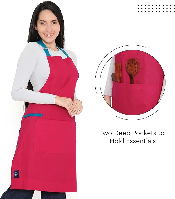 Encasa XO Adjustable Kitchen Cotton Apron With Pockets & Towel Holder Of Size 27x33 in (Hot Pink) for Men & Women Chefs For Cooking & Baking in Home, Restaurants & Barbeque