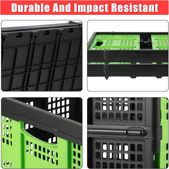 14.5 Gallon Green Collapsible Milk Crate, Heavy-Duty Plastic Storage Container with Handles, 55 LBS Load Capacity Stackable Folding Bin for Home Office Farm Garage Basement.