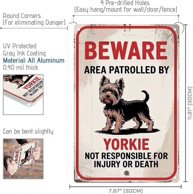 Beware of Dog Sign for Fence- Warning Dog Metal Signs- Yorkie Funny Warning Tin Signs 8x12 Inch